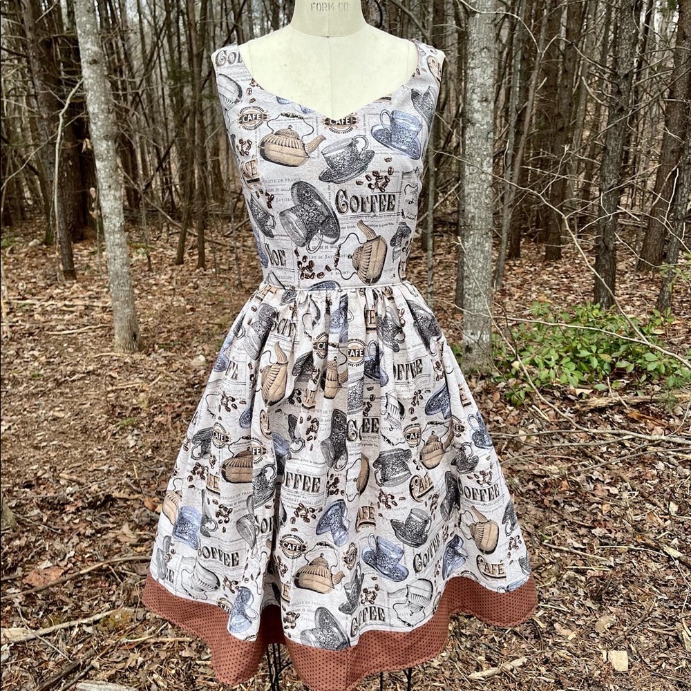 Vintage Coffee Latte Print Retro Pinup Dress with Pockets